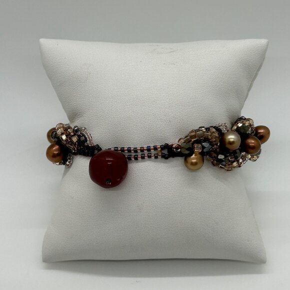 Vintage Woven Beaded Bracelet With Freshwater Pearls & Carnelian Bead Accent - Picture 11 of 14